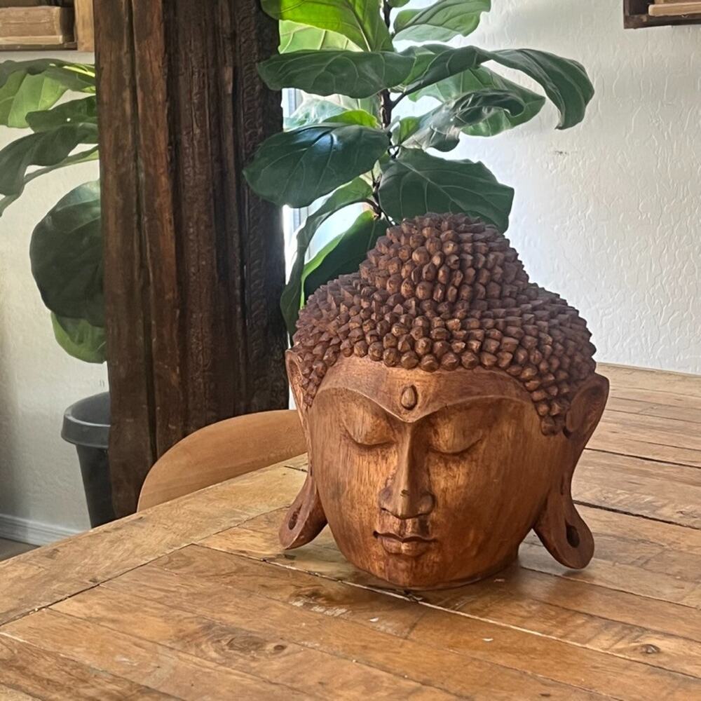 Hand-Carved Teak Wood Oma Buddha Head Sculpture 10.5" Tall Meditation Home Decor